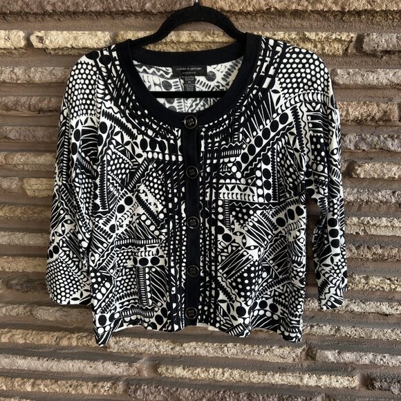 Cable & Gauge Black and White Geometric Cropped Cardigan Sweater Size Large P - Picture 2 of 7